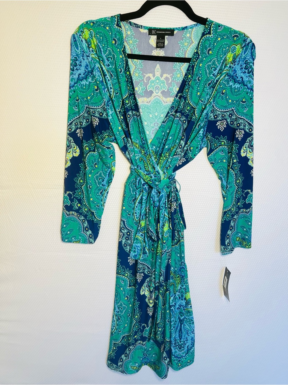 NWT INC International Concepts Teal & Navy Paisley Long Sleeve Wrap Dress